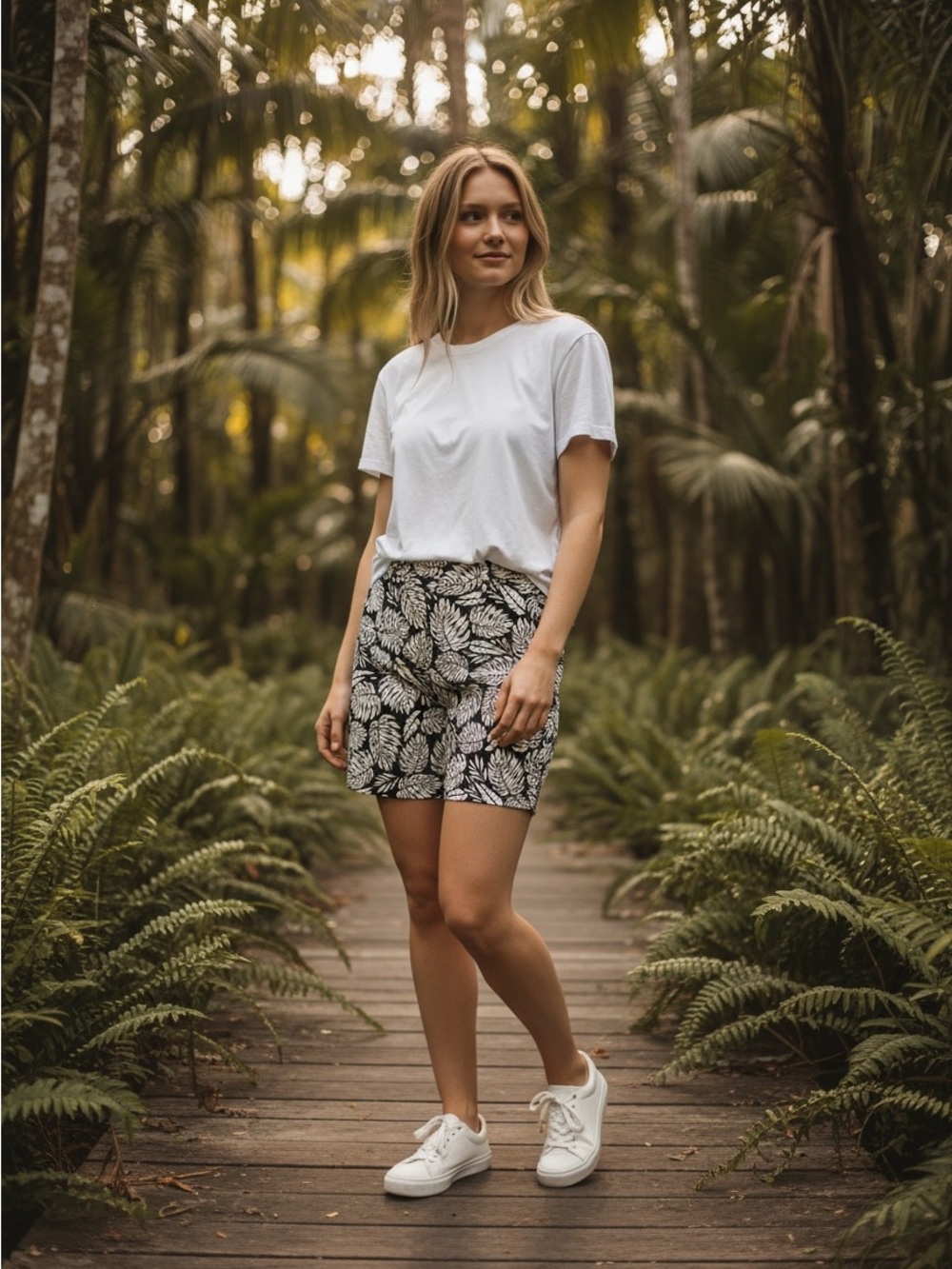 Terra & Sky Black and White Leaf-Print Bermuda Shorts